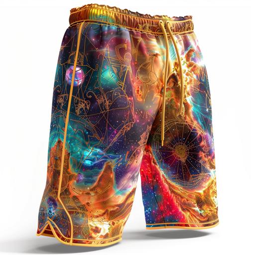 a pair of basketball shorts for a cothing line with vibrant color scheme that includes gold ,Cosmic Patterns and Prints: Integrate celestial patterns such as galaxies, constellations, and nebulae into the fabric. Use metallic and iridescent materials to mimic the shimmering qualities of stars. Earthly and Extraterrestrial Fusion: Blend earthly elements like flora and fauna with futuristic and alien-inspired motifs. Create juxtapositions of natural textures with metallic accents. Ancient Symbols and Glyphs: Incorporate mysterious symbols or hieroglyphs reminiscent of the extraterrestrial communication throughout the collection. Use these symbols to tell a visual story on the garments.