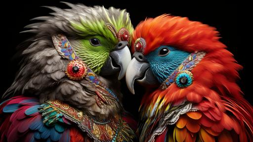 a pair of beautiful kakapo with rainbow feathers do a beak synch duet drag queen show in traditional maori aboriginal wear in new zealand, by david lachapelle --ar 16:9 --stylize 250 --chaos 15