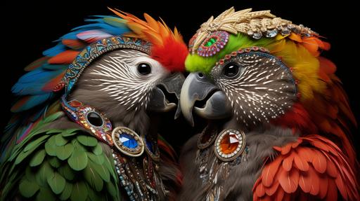 a pair of beautiful kakapo with rainbow feathers do a beak synch duet drag queen show in traditional maori aboriginal wear in new zealand, by david lachapelle --ar 16:9 --stylize 250 --chaos 15