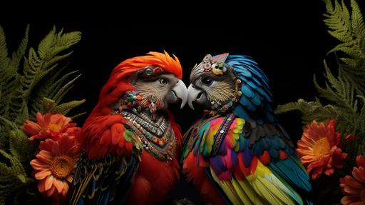 a pair of beautiful kakapo with rainbow feathers do a beak synch duet drag queen show in traditional maori aboriginal wear in new zealand, by david lachapelle --ar 16:9 --stylize 250 --chaos 15