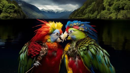 a pair of beautiful kakapo with rainbow feathers do a beak synch duet drag queen show in traditional maori aboriginal wear in new zealand, by david lachapelle --ar 16:9