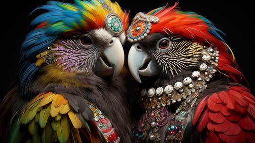 a pair of beautiful kakapo with rainbow feathers do a beak synch duet drag queen show in traditional maori aboriginal wear in new zealand, by david lachapelle --ar 16:9 --stylize 250 --chaos 15