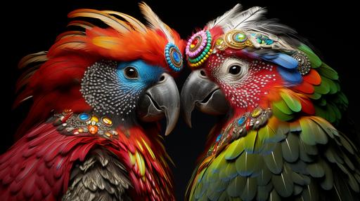 a pair of beautiful kakapo with rainbow feathers do a beak synch duet drag queen show in traditional maori aboriginal wear in new zealand, by david lachapelle --ar 16:9 --stylize 250 --chaos 15