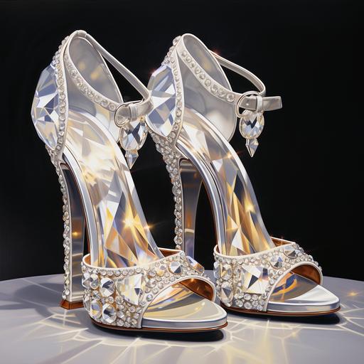 a pair of diamon studded high heel shoes in the style of hyper-realistic oil, wimmelbilder, shaped canvas, cabincore --v 5.2