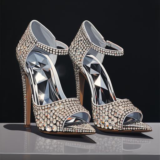 a pair of diamon studded high heel shoes in the style of hyper-realistic oil, wimmelbilder, shaped canvas, cabincore --v 5.2