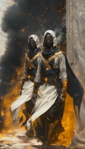 a pair of evil male aasimar twins, white skin, black hair, gold runic tattoos, orange eyes, adventurer look, clean look, black smoke backdrop, full body portrait, fantasy themed, D&D artstyle --v 6.0 --style raw --stylize 1000 --ar 4:7
