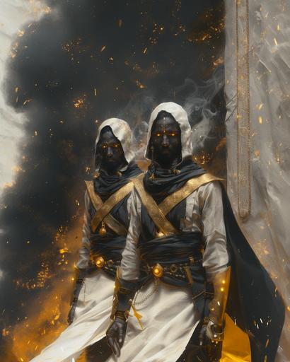 a pair of evil male aasimar twins, white skin, black hair, gold runic tattoos, orange eyes, adventurer look, clean look, black smoke backdrop, full body portrait, fantasy themed, D&D artstyle --v 6.0 --style raw --stylize 1000 --ar 4:5
