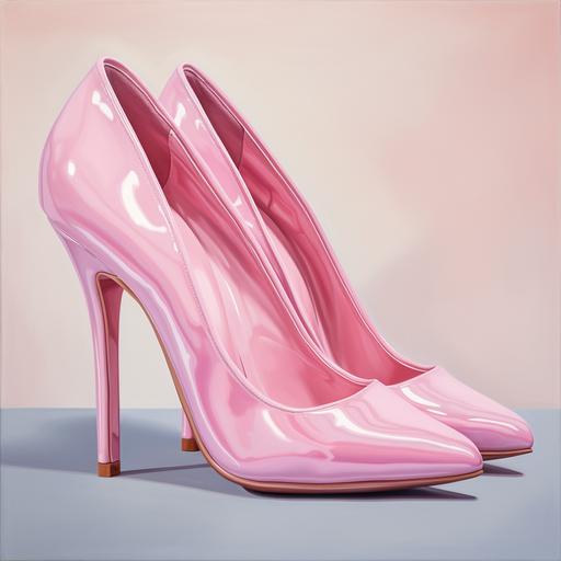 a pair of pastel pink high heel shoes in the style of hyper-realistic oil, wimmelbilder, shaped canvas, cabincore --v 5.2
