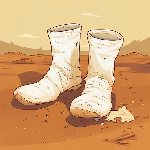 a pair of white cloth socks lying on their side on the ground, socks have splatches of brown dirt on them, cartoon style, disgusting looking
