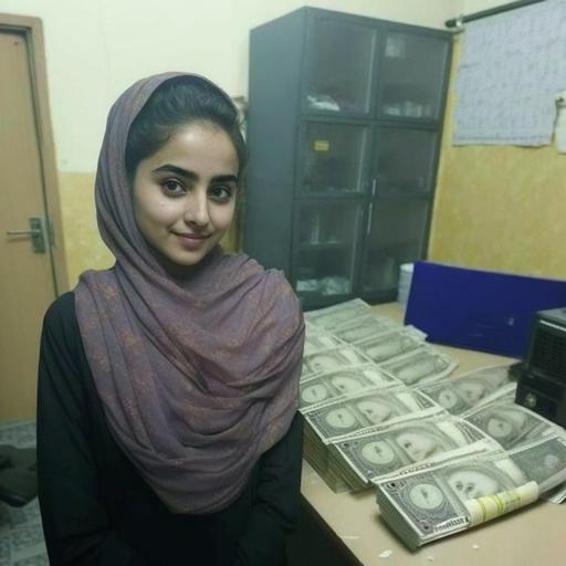 a pakistani girl stand in room with money and her with greedy smile facw --v 4