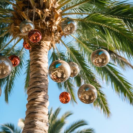 a palm tree with Christmas ornaments hanging off it.