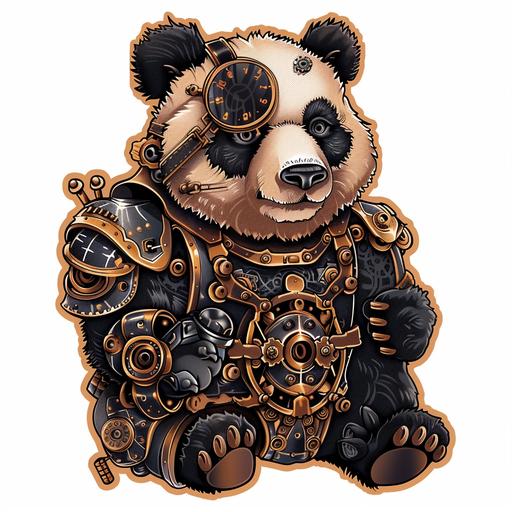 a panda bear sticker design with steampunk elements, mechanical gears, bronze and copper hues, white background vintage tech, archaeopteryx gear
