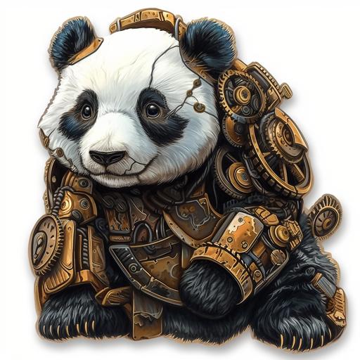 a panda bear sticker design with steampunk elements, mechanical gears, bronze and copper hues, white background vintage tech, archaeopteryx gear, remove background, clean cut edges --v 6.0