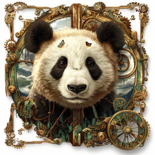 a panda bear sticker design with steampunk elements, mechanical gears, bronze and copper hues, white background vintage tech, archaeopteryx gear, remove background, clean cut edges --v 6.0