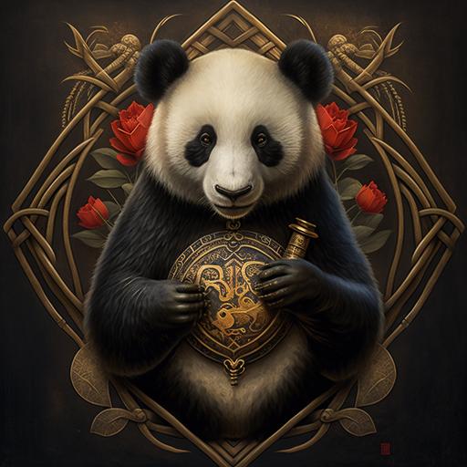 a panda holding a chinese symbol that represents love and prosperity