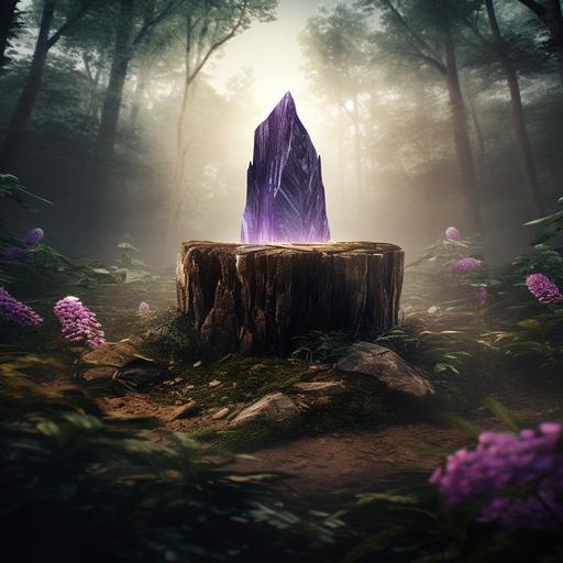 a panoramic photo of a giant petrified oak tree stump rising high like a table. It sits at the center of an idyllic clearing. A large purple crystal sits atop the tree stump. The background is a beautiful forest grove filled with blooming grape vines. Dramatic lighting.