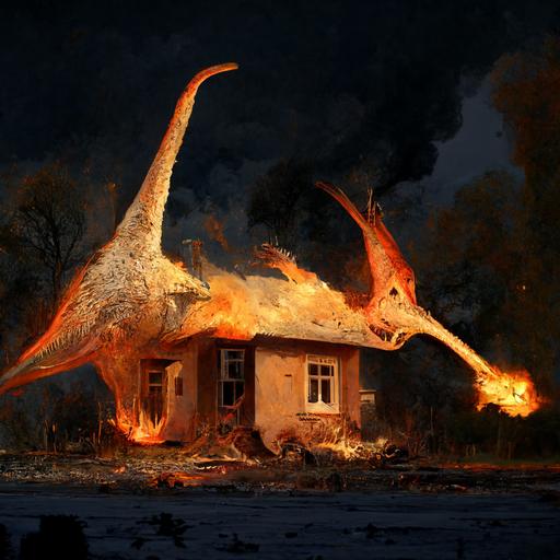 a parasaur and a pteradactyl burning down a house