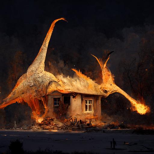 a parasaur and a pteradactyl burning down a house
