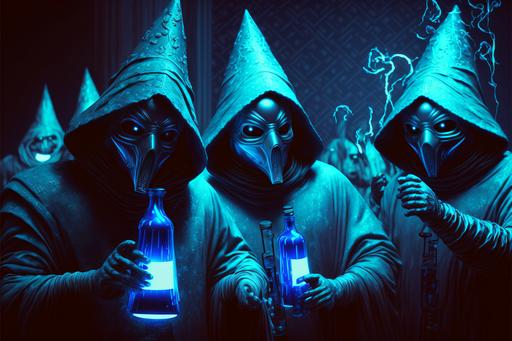 a party for the illuminati with glowing blue bottles of champagne, octane render, high definition, ultra high definition, extremely detailed, perfect lighting, perfect shading, club scene, masks, hoods, elite, elitism, wealthy, extravaganza --ar 3:2 --v 4 --q 2