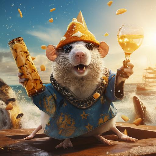 a partying rat wearing a crown, a royal cape, sunglasses and holding a scepter while surfing on a wave of cheese cubes