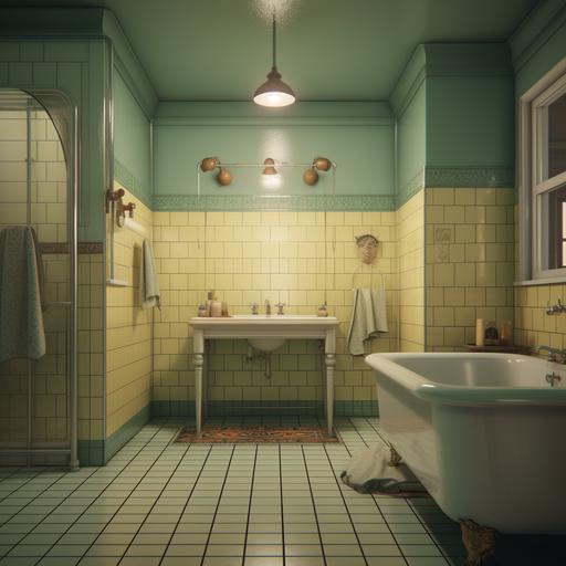 a pastel green and yellow vintage tile bathroom. moody lighting. cinematic. 4K