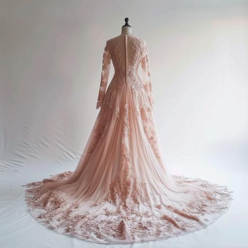 a pastel pink lace wedding gown on a mannequin, white background 4k realistic --v 6.0