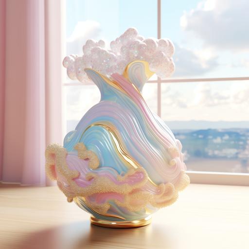 a pastel rainbow glitter inlay vase with gold accents and fluffy clouds swirling around the top of the vase, make the vase have a dreamy whimsical surrealistic vibe, photorealistic, 4k