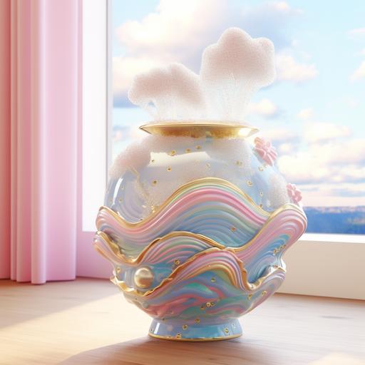 a pastel rainbow glitter inlay vase with gold accents and fluffy clouds swirling around the top of the vase, make the vase have a dreamy whimsical surrealistic vibe, photorealistic, 4k --v 5.2