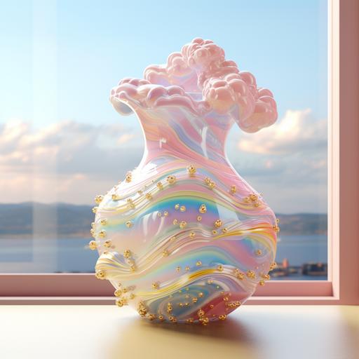 a pastel rainbow glitter inlay vase with gold accents and fluffy clouds swirling around the top of the vase, make the vase have a dreamy whimsical surrealistic vibe, photorealistic, 4k