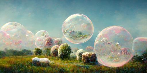 a pastoral landscape composed and comprised entirely of translucent bubbles, realistic, smooth bubble textures --w 512
