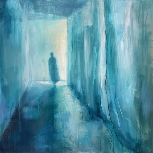 a path inside a room with curtains to cross, a people. White, blue, turquoise curtains oil paint