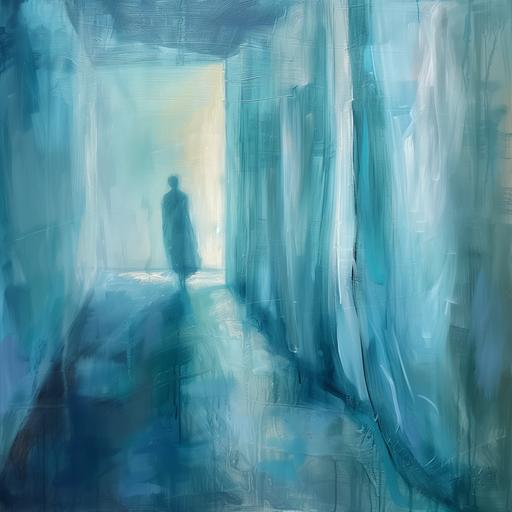 a path inside a room with curtains to cross, a people. White, blue, turquoise curtains oil paint --v 6.0