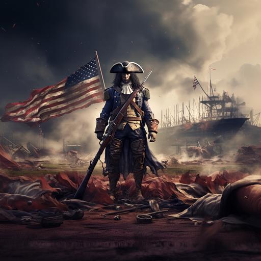 a patriot on a war damaged american football field with muskets and swords