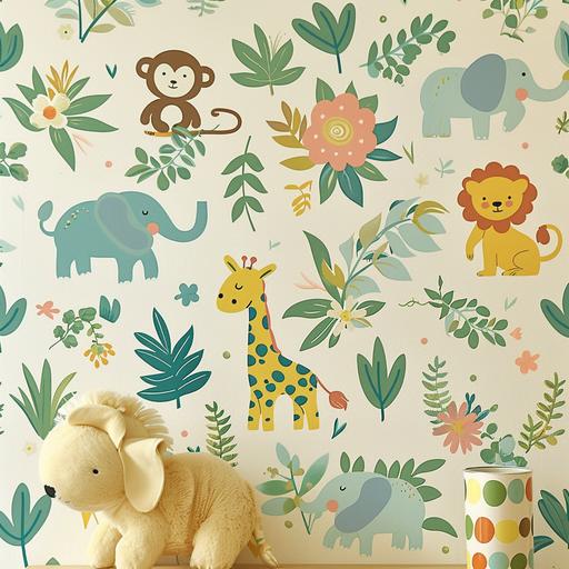 a pattern that incorporates jungle animals such as monkeys, elephants, giraffes, lions, tigers, as well as tropical plants and colorful flowers in a soft, childlike graphic style, with a natural color palette. The idea is to have wallpaper that stimulates my baby's imagination while creating a warm and welcoming atmosphere in his room