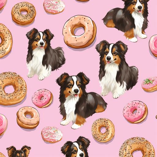 a pattern with realistic cartoon australian shepherds, corgis, and dachshunds and elements relating to donuts for a pattern created in the style of J Crew. some of the dogs are eating the donuts. the background is pink. all of the elements are roughly the same size and arranged to form a pattern for a j crew shirt
