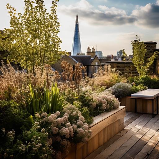 a peaceful small retreat rooftop garden above the bustling London city for monks and meditation on the top of a traditional London townhouse building surrounded by the pitched roofs of neighbouring properties