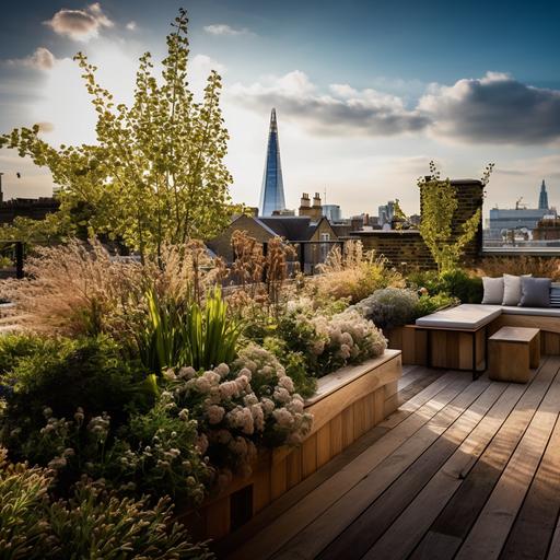 a peaceful small retreat rooftop garden above the bustling London city for monks and meditation on the top of a traditional London townhouse building surrounded by the pitched roofs of neighbouring properties
