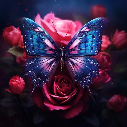 a peacock butterfly on a dark pink detailed rose in a fairytale forest