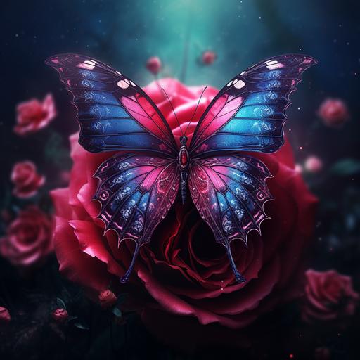 a peacock butterfly on a dark pink detailed rose in a fairytale forest
