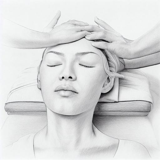 a pencil drawing of a short-blond-hair-woman preforming craniosacral techniques on a lying-on-massage-table-female client's-head, massage table, client's-closed-eyes, head touchinfg, comfortable clothes, white background, serenity, peace, satelitte imaginary, insane detail, intricate detail, beautifully shaded --test --creative