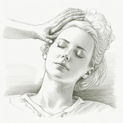 a pencil drawing of a short-blond-hair-woman preforming craniosacral techniques on a lying-on-massage-table-female client's-head, massage table, client's-closed-eyes, head touchinfg, comfortable clothes, white background, serenity, peace, satelitte imaginary, insane detail, intricate detail, beautifully shaded
