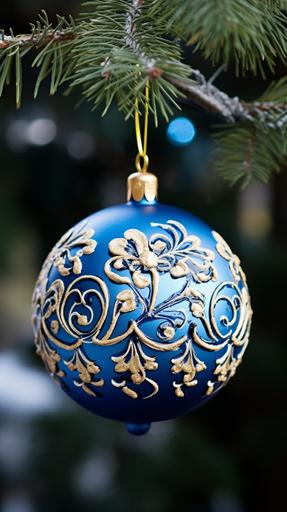 a perfect blue christmas ornament ball hanging, detailed --ar 9:16