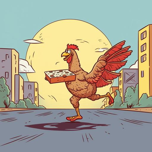 a perfect side profile shot of a chicken running across the road to the other side while holding a box of pizza, cartoon style