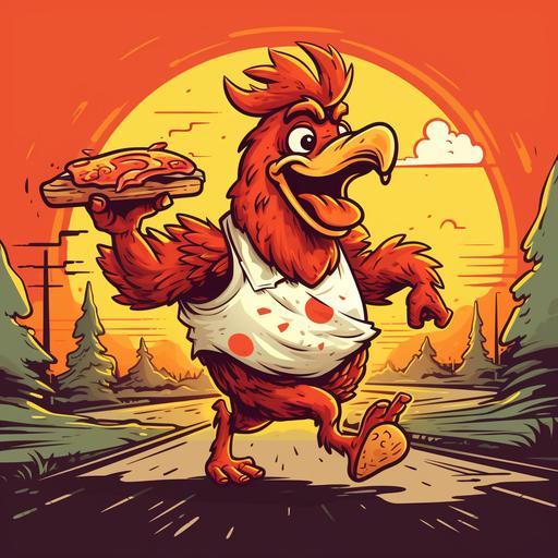 a perfect side profile shot of a chicken running across the road to the other side while holding a box of pizza, cartoon style