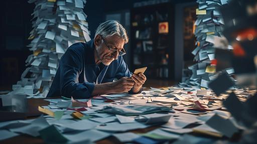 a perplexed man types on his cell phone several post its notes and documents piled up on the table representing the accumulated work. photorealistic canon 5D Mark iv 65mm --ar 16:9 --v 5.1 --q 2