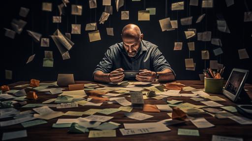 a perplexed man types on his cell phone several post its notes and documents piled up on the table representing the accumulated work. photorealistic canon 5D Mark iv 65mm --ar 16:9 --v 5.1 --q 2
