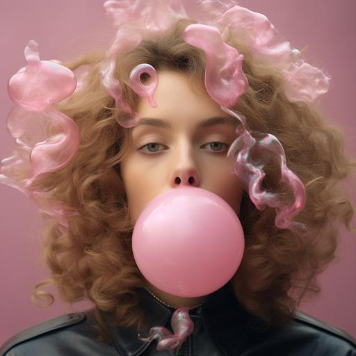 a person blowing a large, pink chewing gum bubble