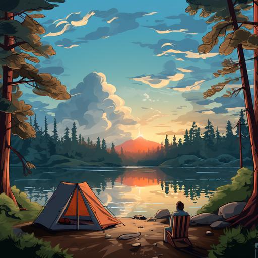 a person camping on the left side of the lake has a tent next to him and is sitting on a chair. there are small pine trees around the sky is cloudy and the blue lake looks good cartoon