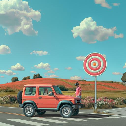 a person driving an suzuki jimny while wearing apple vision pro headset. They are stopped at a stop sign but the stop sign is a giant lollipop