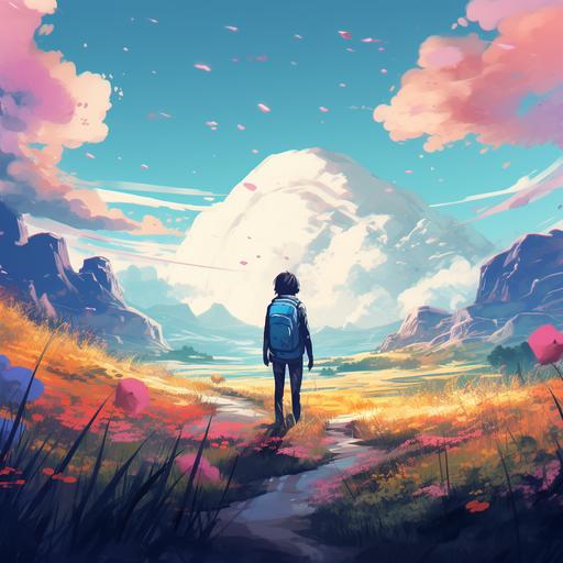a person from behind in the middle of nature looking ahead and feeling peaceful, anime colors